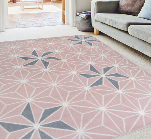 Retro Pink and Grey Geometric Living Room Rugs - Islay
