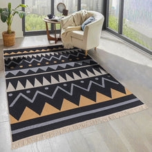 Load image into Gallery viewer, Black and Gold Tribal Cotton Flatweave Rug - Azteca