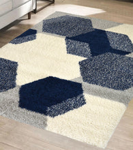 Load image into Gallery viewer, Navy and Grey Hexagon Microfibre Shaggy Rug - Brae