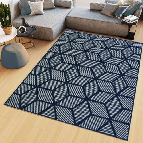 Navy Blue Hexagon Design Living Room Rug - Islay
