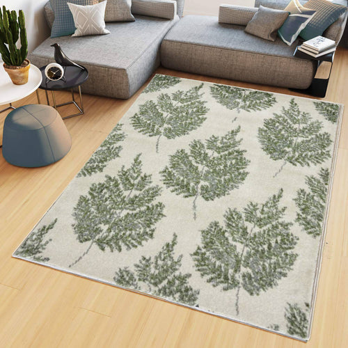 Ivory and Green Scandi Living Room Rug - Perth
