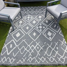 Load image into Gallery viewer, Grey Aztec Fringed Flatweave Outdoor Rug - Casa
