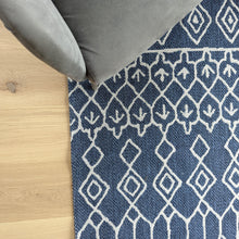 Load image into Gallery viewer, Navy Fringed Trellis Flatweave Outdoor Rug - Casa