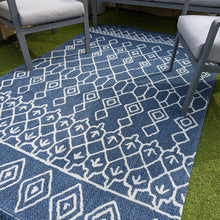 Load image into Gallery viewer, Navy Fringed Trellis Flatweave Outdoor Rug - Casa