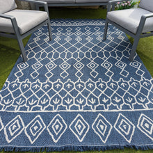 Load image into Gallery viewer, Navy Fringed Trellis Flatweave Outdoor Rug - Casa