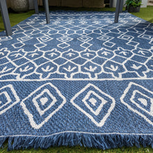 Load image into Gallery viewer, Navy Fringed Trellis Flatweave Outdoor Rug - Casa