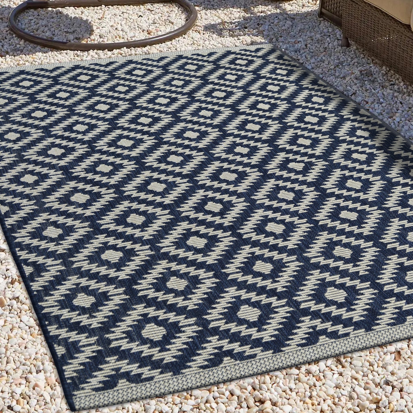 Navy Blue Weatherproof Geometric Outdoor Rug - Compass