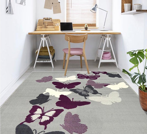 Grey With Purple and Cream Butterflies Area Rugs - Islay