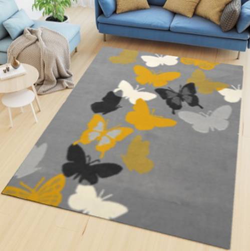 Grey and Ochre Butterfly Print Living Room Rugs - Islay