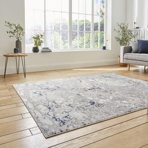 Navy and Grey Metallic Abstract Living Room Rug - Lunar