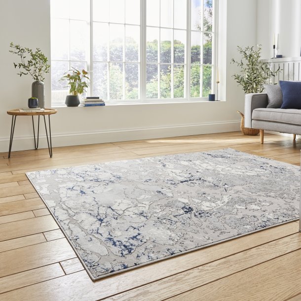 Navy and Grey Metallic Abstract Living Room Rug - Lunar