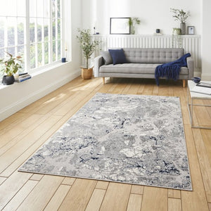 Navy and Grey Metallic Abstract Living Room Rug - Lunar