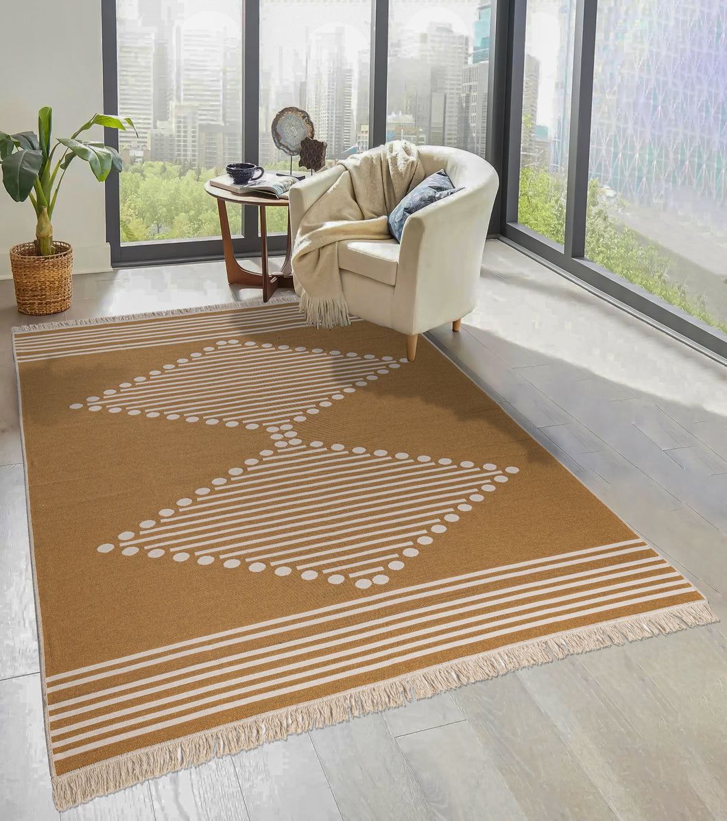 Gold Scandi Fringed Cotton Flatweave Rug - Azteca