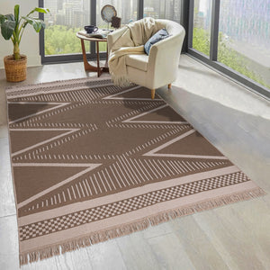 Natural Tribal Fringed Cotton Flatweave Rug - Azteca