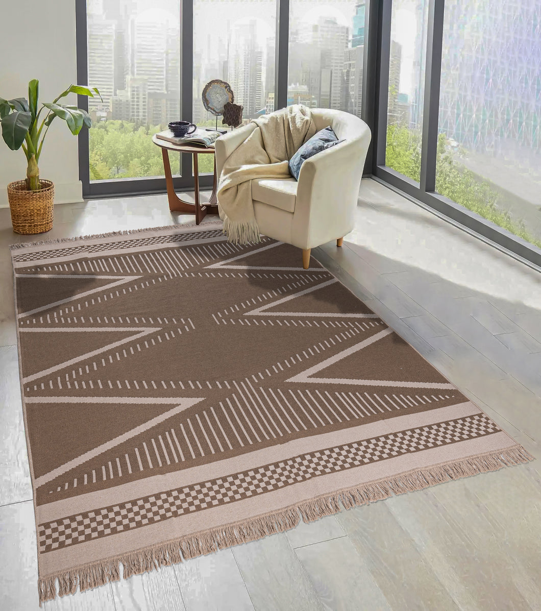 Natural Tribal Fringed Cotton Flatweave Rug - Azteca