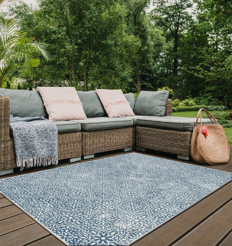 Blue Reversible Distressed Floral Indoor Outdoor Rug - Capri