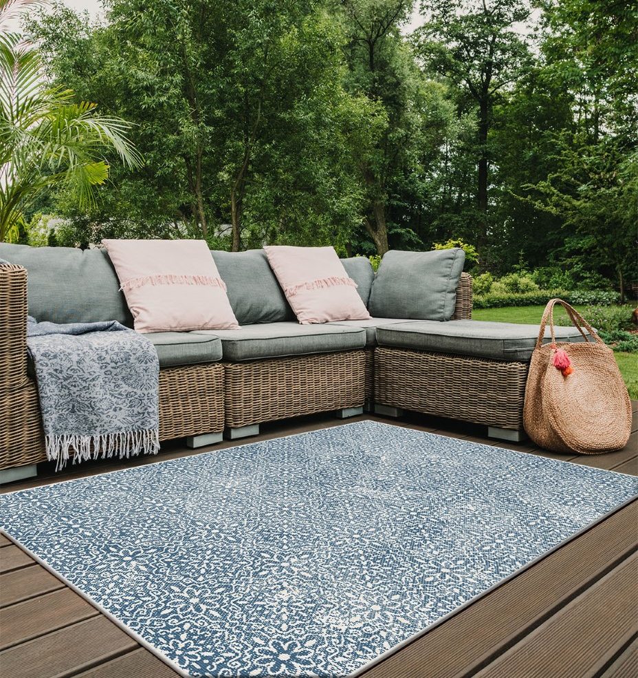 Blue Reversible Distressed Floral Indoor Outdoor Rug - Capri