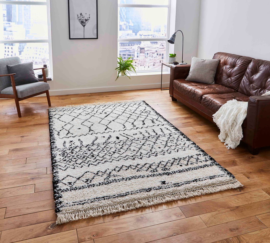 Black and White Moroccan Fringed Shaggy Rug -  Boho