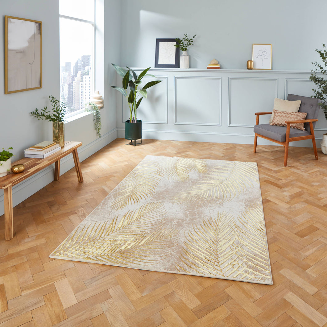Beige and Gold Ribbed Leaf Area Rug - Creation