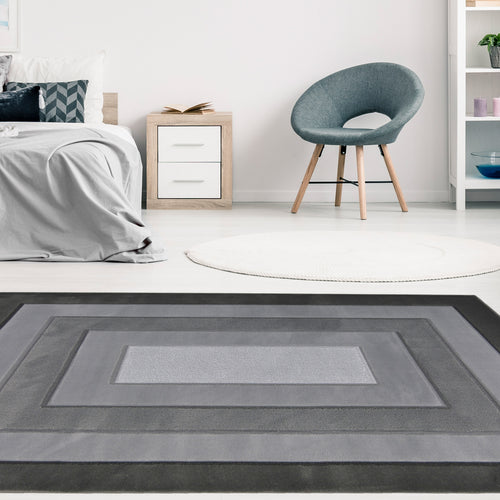 Grey Carved Bordered Living Room Rug - Mora