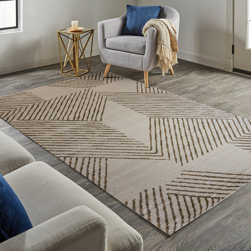 Ivory and Gold Abstract Living Room Rug - Pyramid