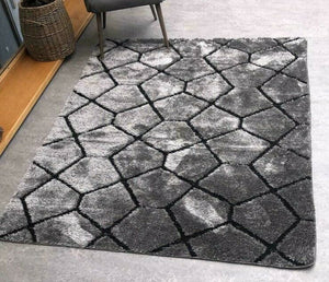 Grey Geometric Non Slip Latex Washable Shaggy Rug - Smart