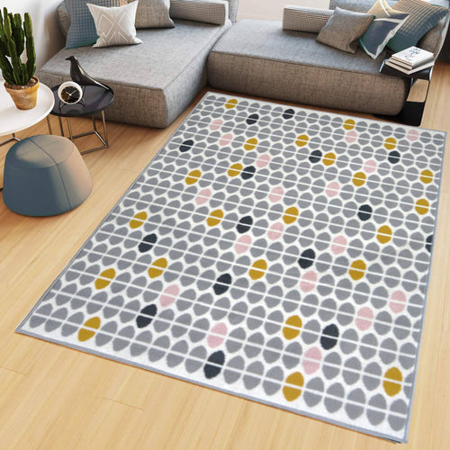 Grey, Pink and Yellow Retro Polka Dots Living Room Rug - Islay