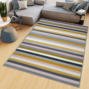 Ochre, Pink and Grey Striped Living Room Rug - Islay