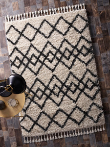 Ivory & Charcoal Fringed Moroccan Shaggy Rug