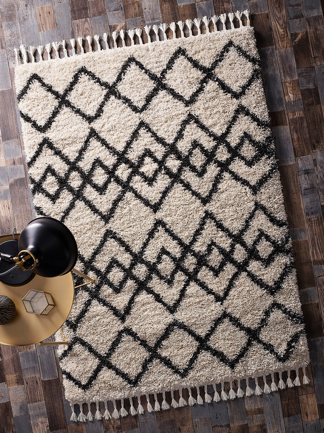 Ivory & Charcoal Fringed Moroccan Shaggy Rug