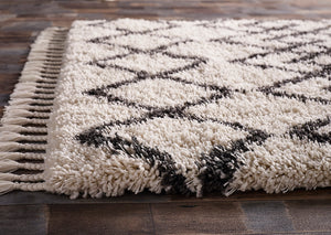 Ivory & Charcoal Fringed Moroccan Shaggy Rug