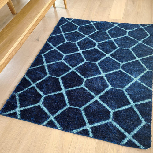 Navy Non Slip Latex Washable Shaggy Rug - Smart