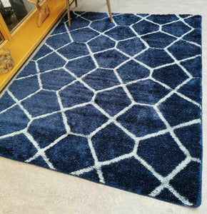 Navy Non Slip Latex Washable Shaggy Rug - Smart