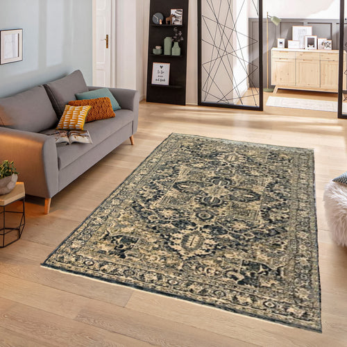 Navy Blue Traditional Viscose Oriental Rug - Ravenna