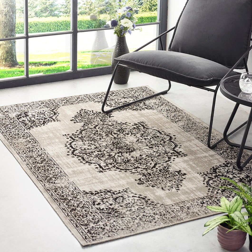 Grey and Black Quality Medallion Rug - Saville