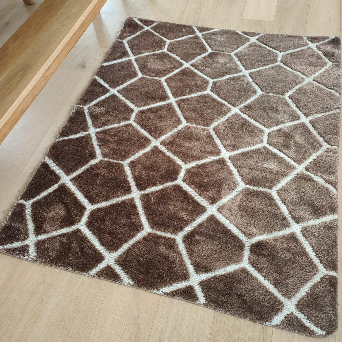 Brown Geometric Non Slip Latex and Machine Washable Shaggy Rug - Smart