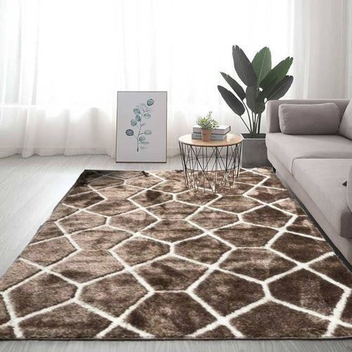 Brown Geometric Non Slip Latex and Machine Washable Shaggy Rug - Smart