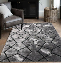 Load image into Gallery viewer, Grey Geometric Non Slip Latex Washable Shaggy Rug - Smart