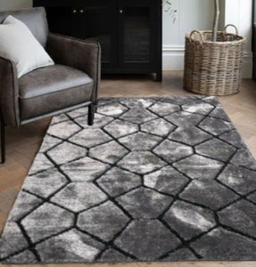 Grey Geometric Non Slip Latex Washable Shaggy Rug - Smart