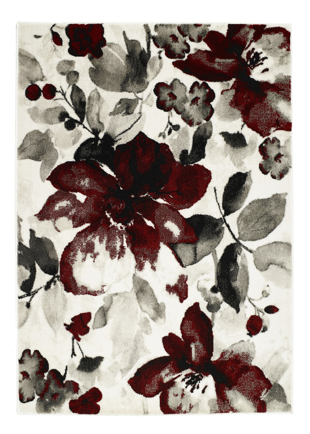 Red Classic Artistic Grey Floral Rug - Watercolour