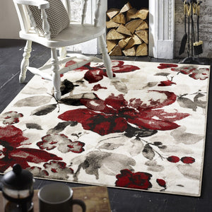 Red Classic Artistic Grey Floral Rug - Watercolour