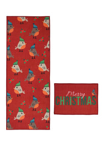 Red Christmas Robin Runner & Doormat Set - Deco