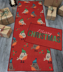 Red Christmas Robin Runner & Doormat Set - Deco
