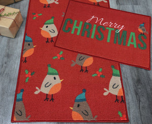 Red Christmas Robin Runner & Doormat Set - Deco