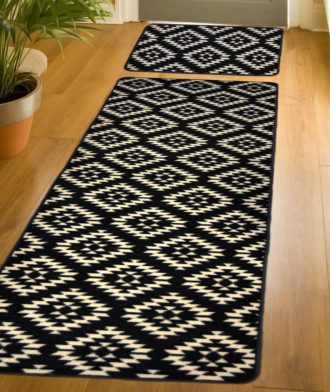 Black Moroccan Runner Rug and Doormat Set - Matre