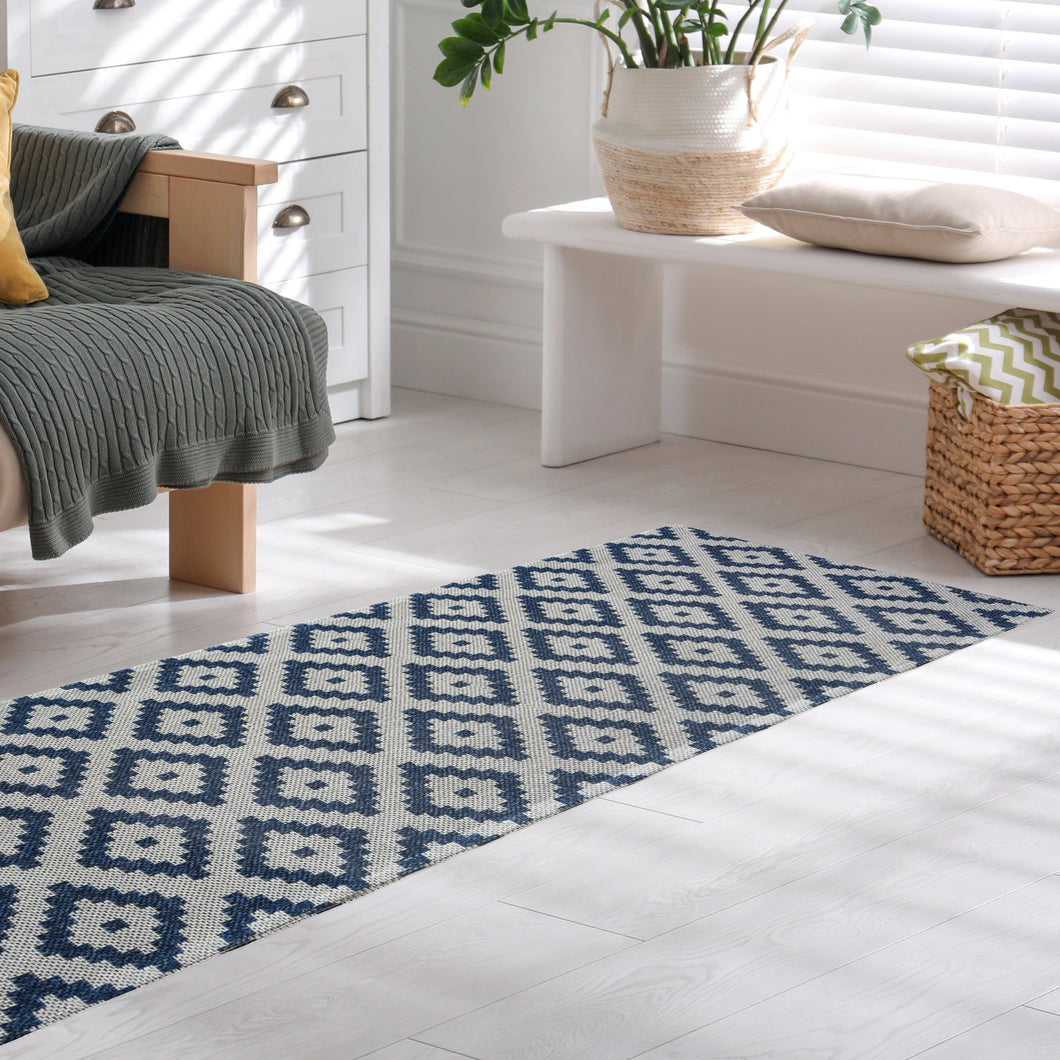 Navy Recycled Cotton Geometric Flatweave Rug - Regen