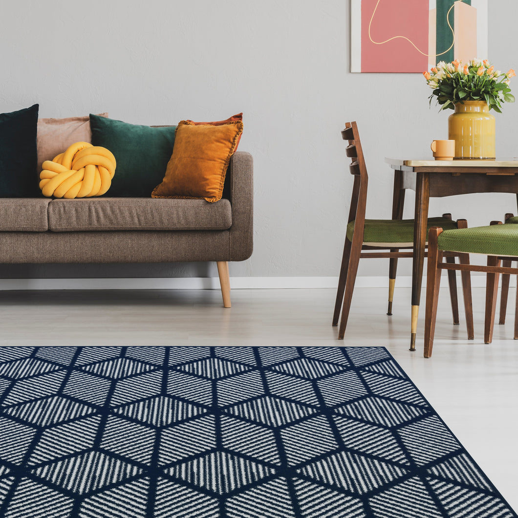 Navy Blue Hexagon Design Living Room Rug - Islay
