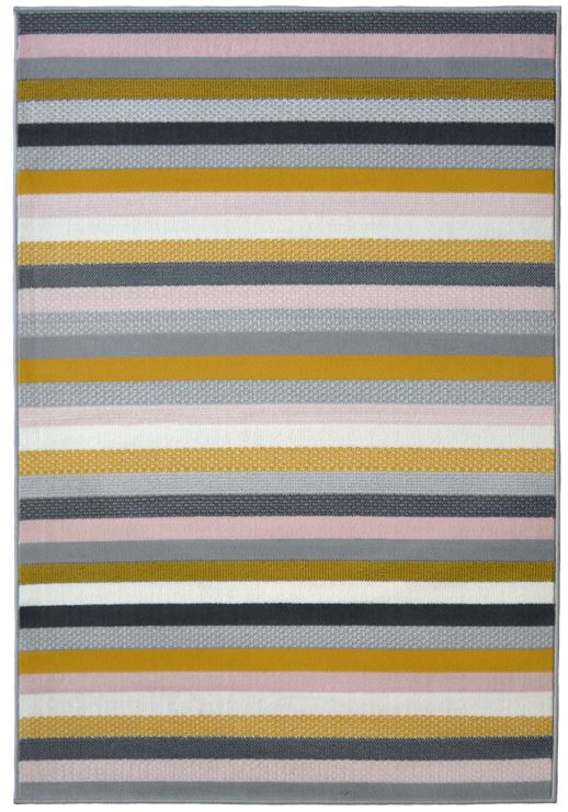 Ochre, Pink and Grey Striped Living Room Rug - Islay