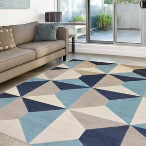 Teal Blue & Grey Geometric Flatweave Rug - Ballina