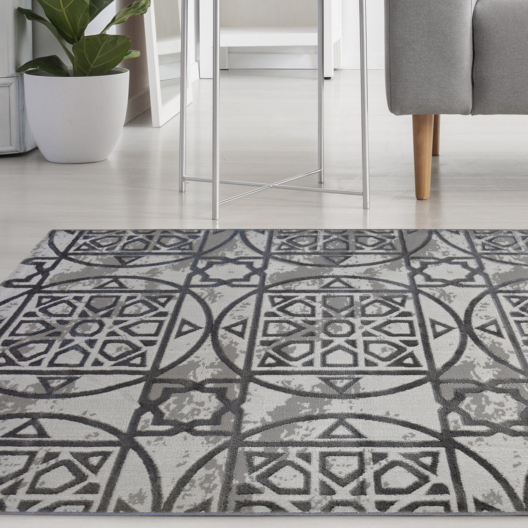Grey Carved Aztec Living Room Rug - Holm